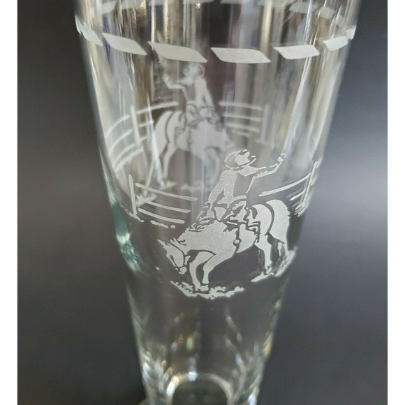 Vtg Rodeo Cowboy Bucking Bronco Tall Etched Pilsner Footed Beer Glass Western - Picture 4 of 9